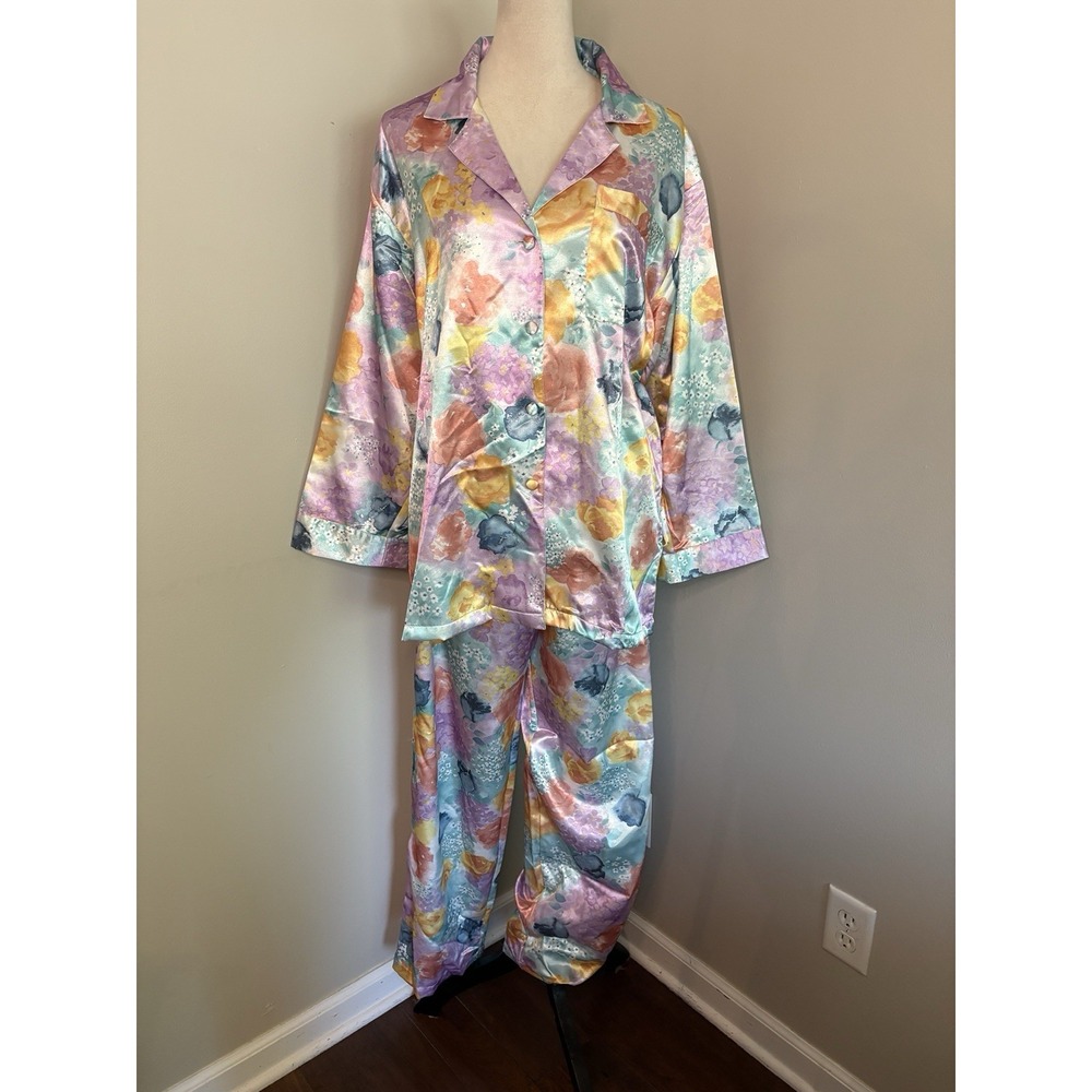 VTG Robert Louis Floral Pajama Lounge Set Silk Blend 2 Pc Top Pants Y2K Large
